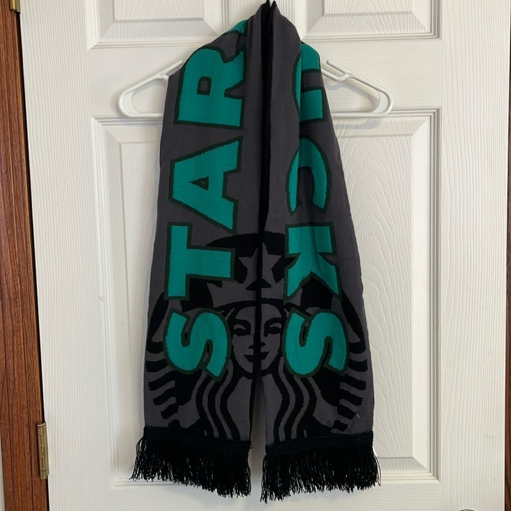 NWT Starbucks Gray, Green & Black Reversible Knit Fringed Scarf Mermaid Unisex